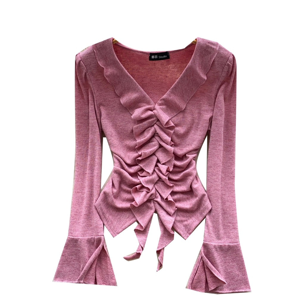 Vintage V-neck Ruffled Bottoming Top