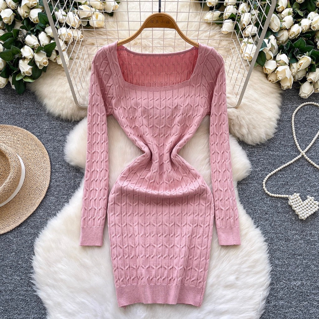 Square Neckline Twisted-knit Dress