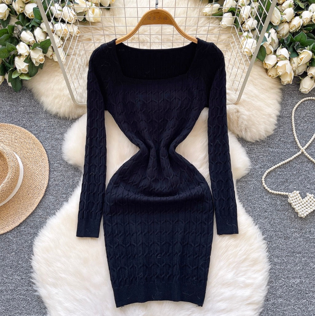 Square Neckline Twisted-knit Dress