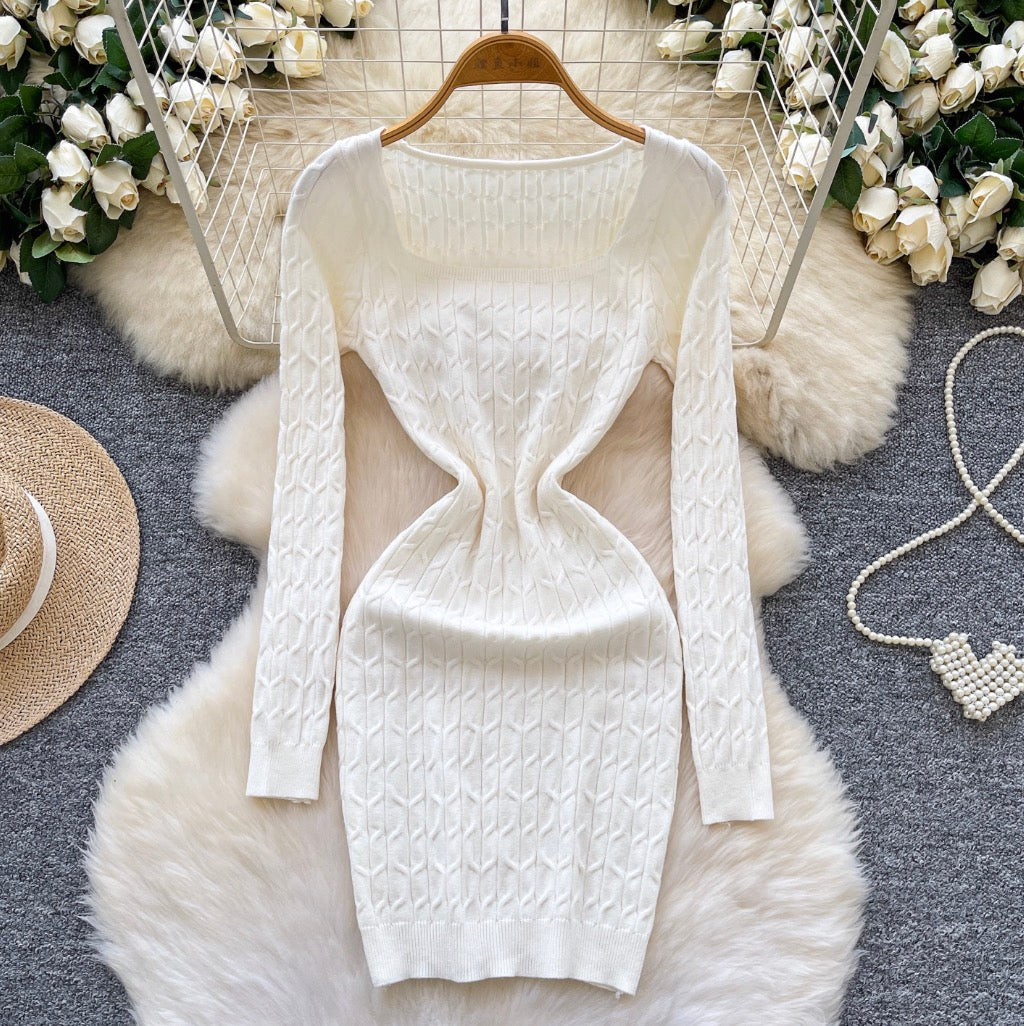 Square Neckline Twisted-knit Dress