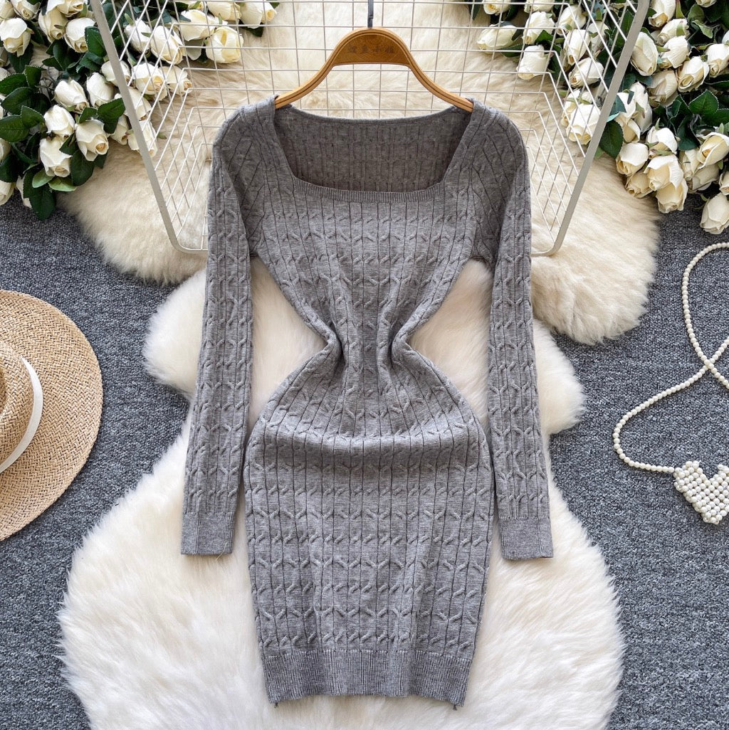Square Neckline Twisted-knit Dress