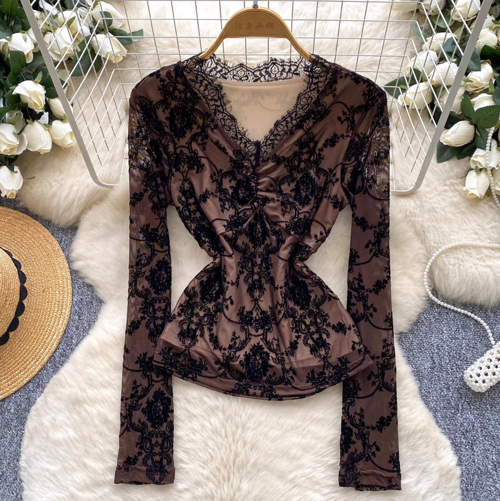 V-neck Knotted Embroidered Lace Top