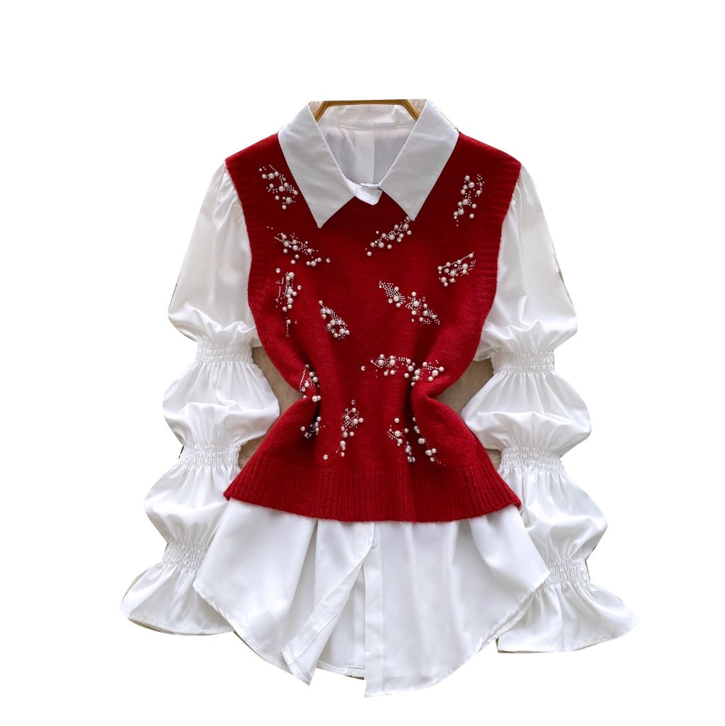 Beaded Knitted Vest & White Shirt
