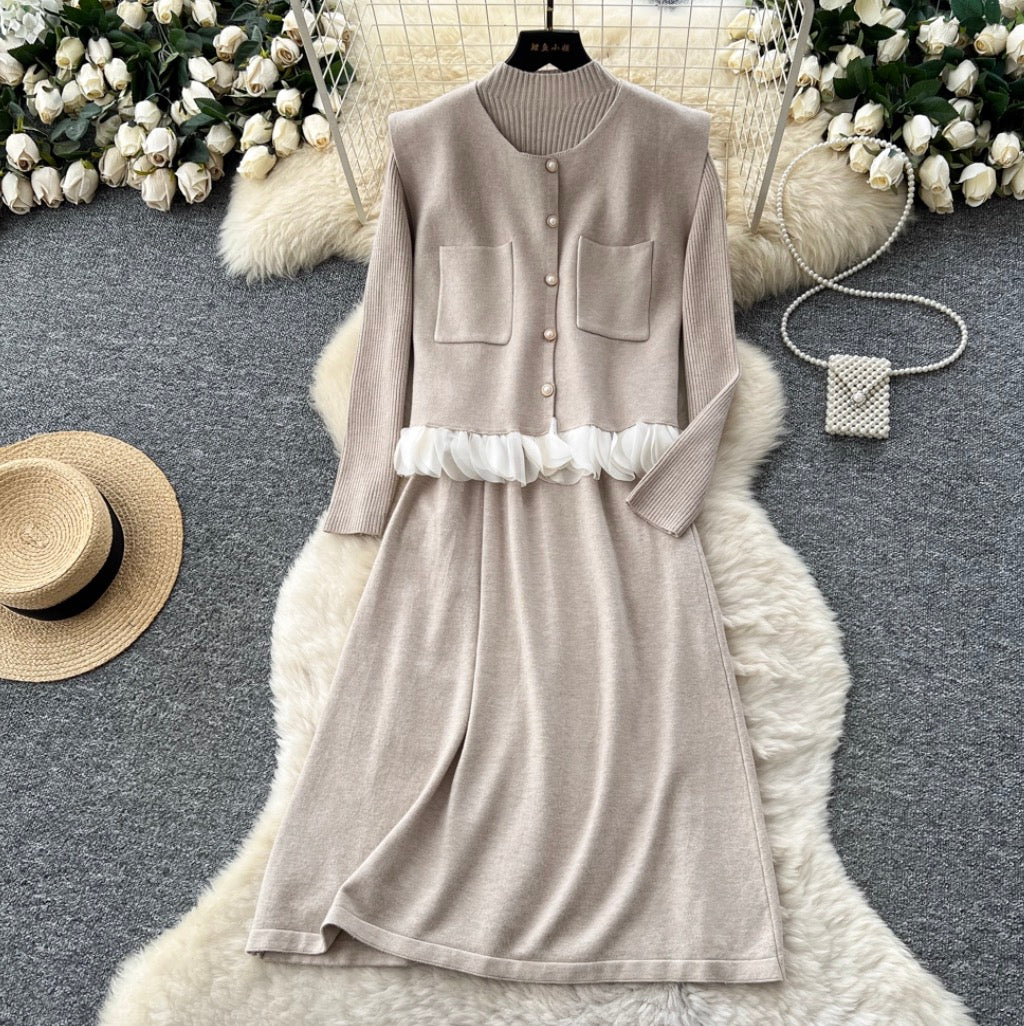Turtleneck Sweater Dress & Vest 2Pcs