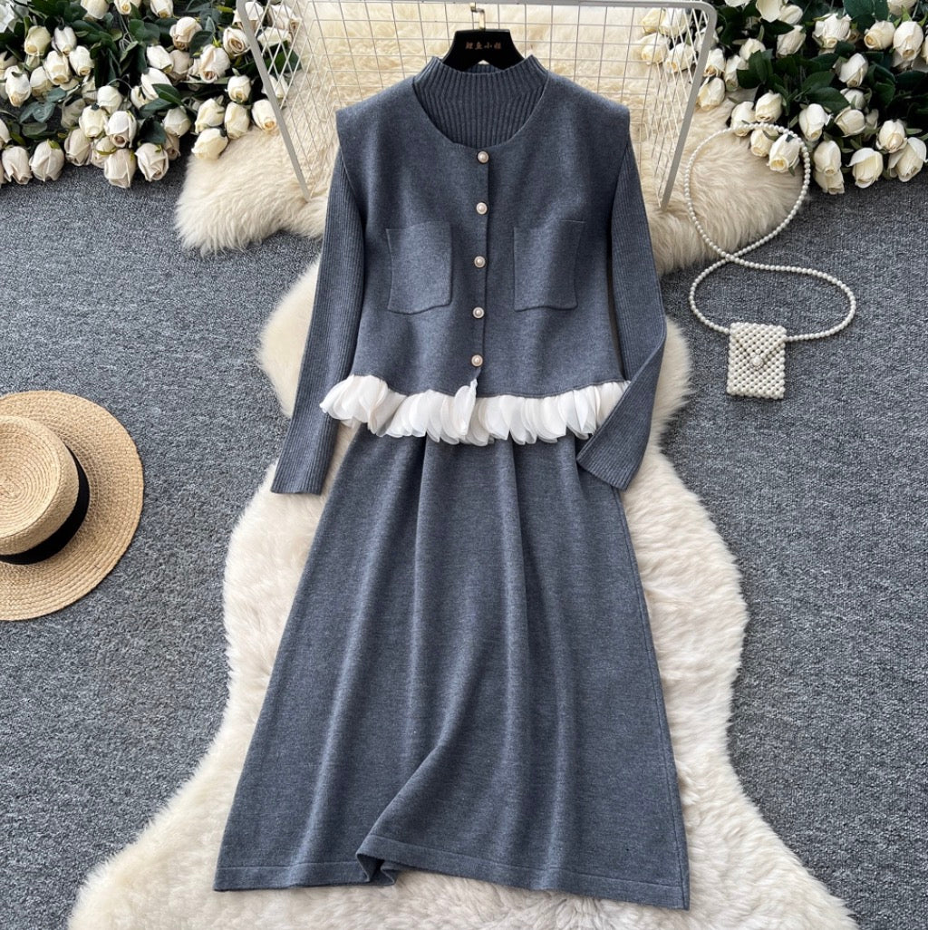 Turtleneck Sweater Dress & Vest 2Pcs