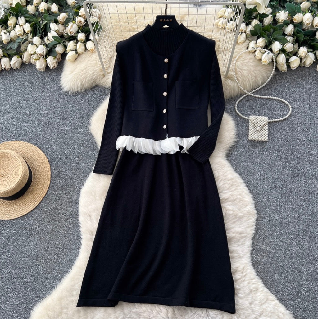 Turtleneck Sweater Dress & Vest 2Pcs