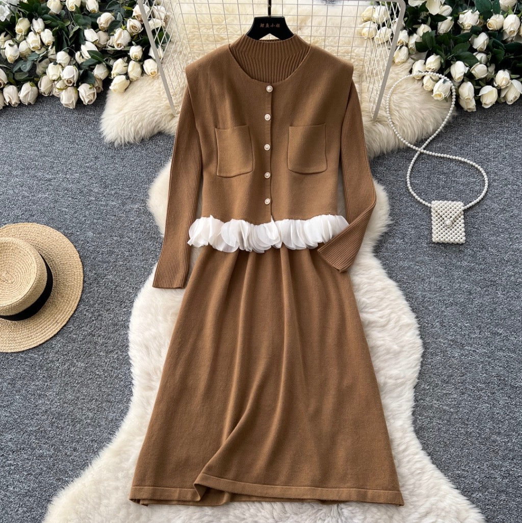 Turtleneck Sweater Dress & Vest 2Pcs