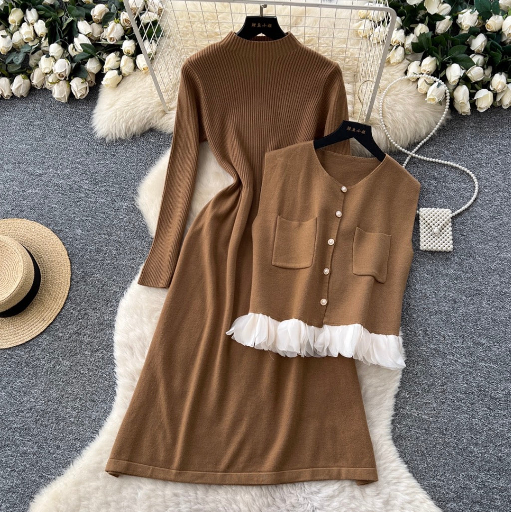 Turtleneck Sweater Dress & Vest 2Pcs