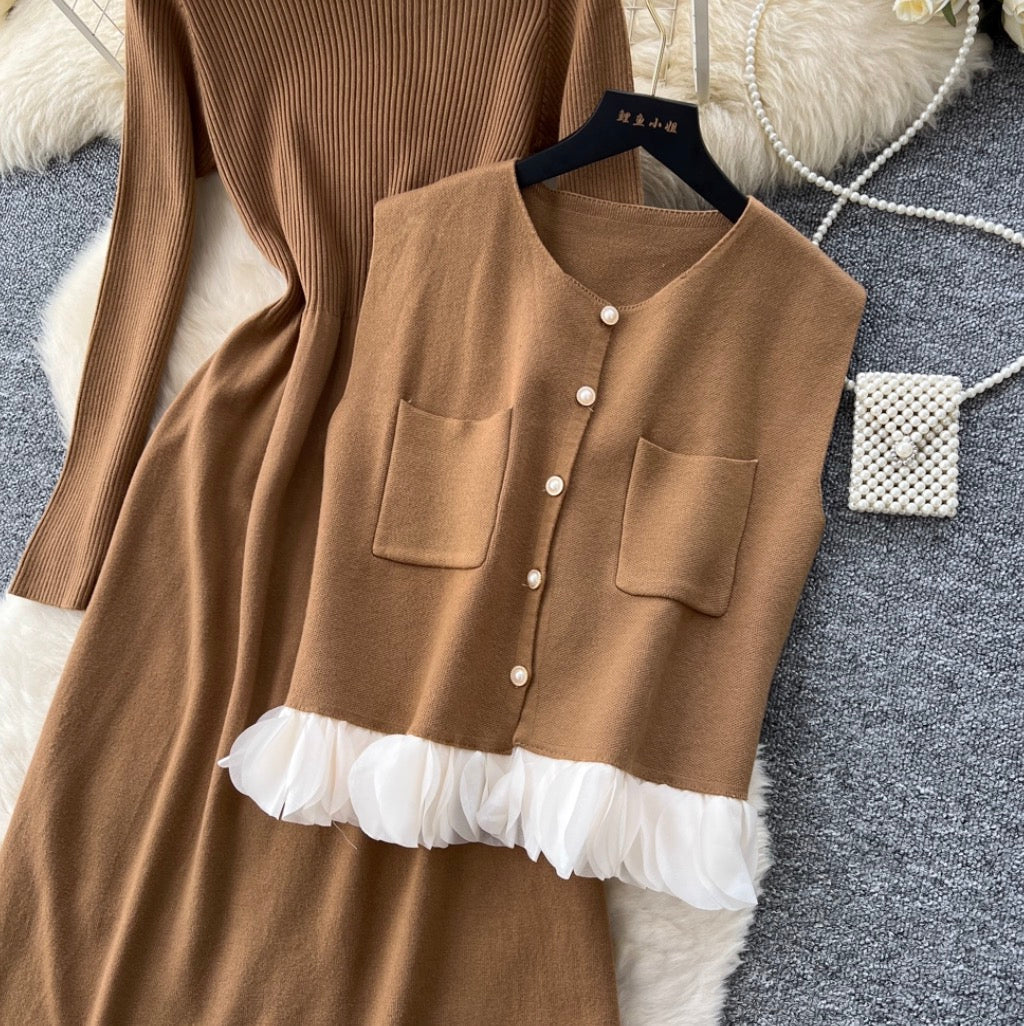 Turtleneck Sweater Dress & Vest 2Pcs