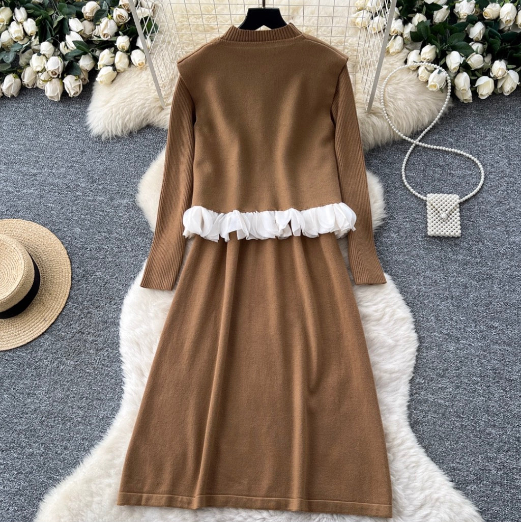 Turtleneck Sweater Dress & Vest 2Pcs