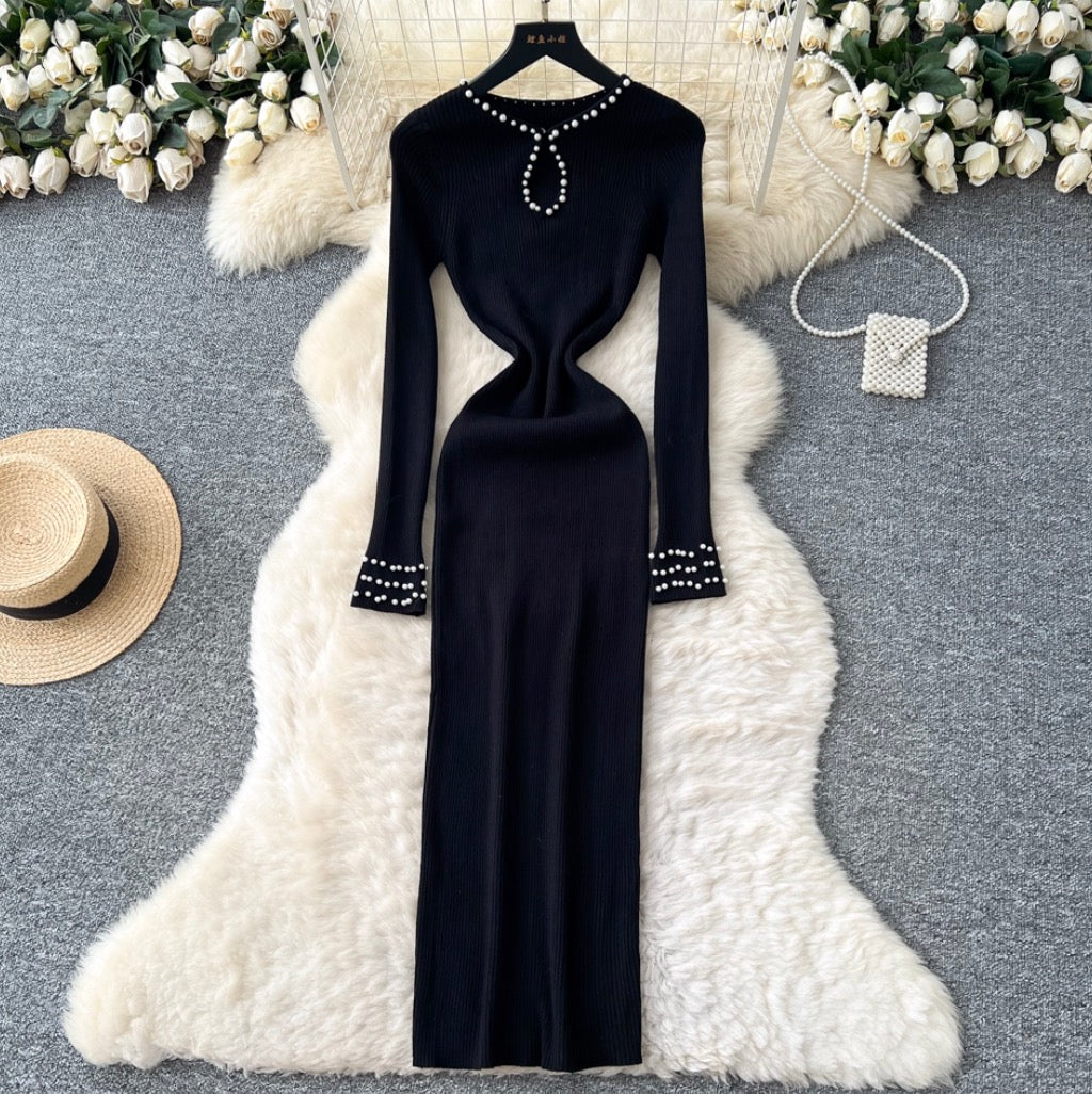 Beaded Long-sleeve Knit Dress