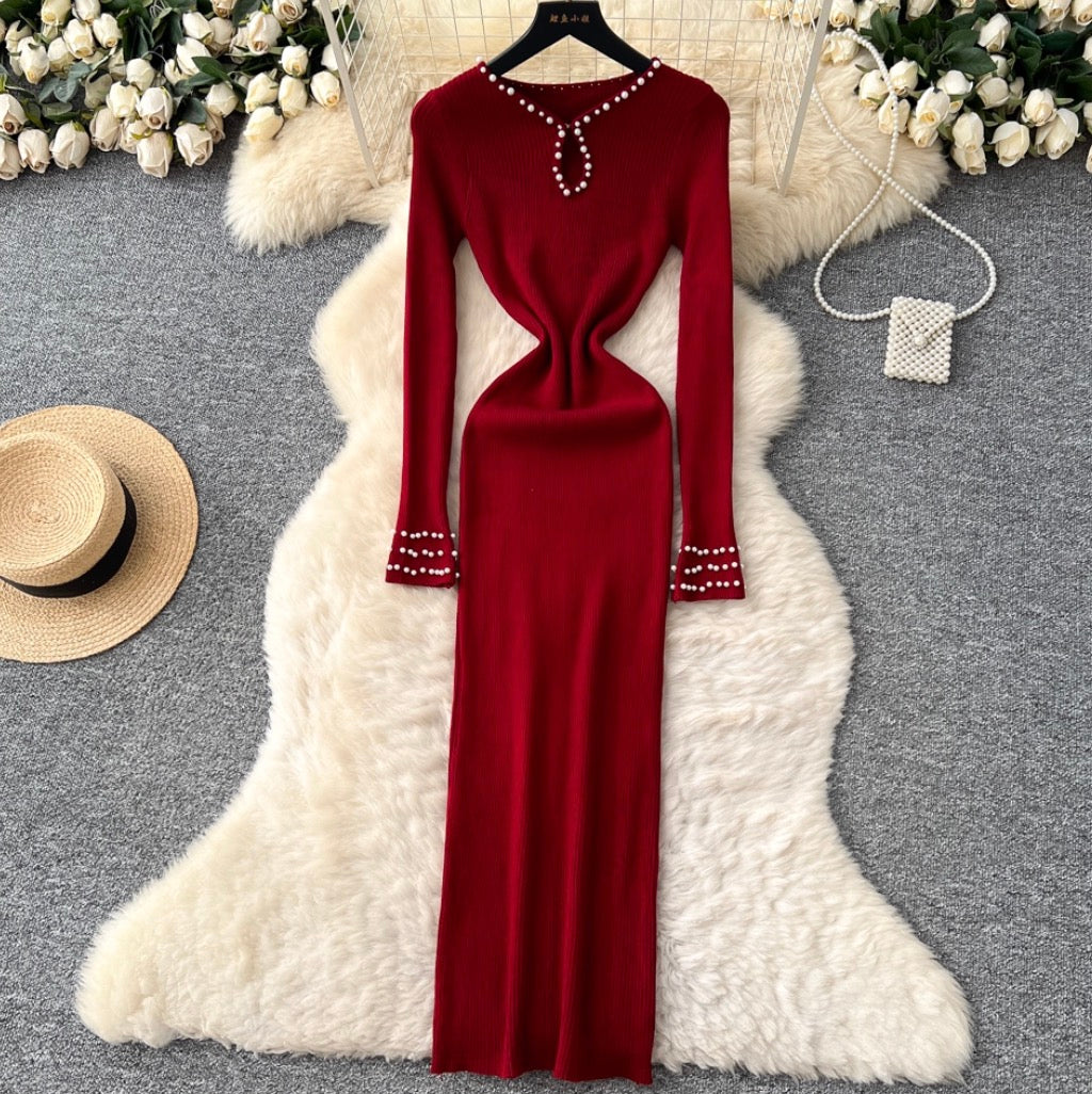 Beaded Long-sleeve Knit Dress