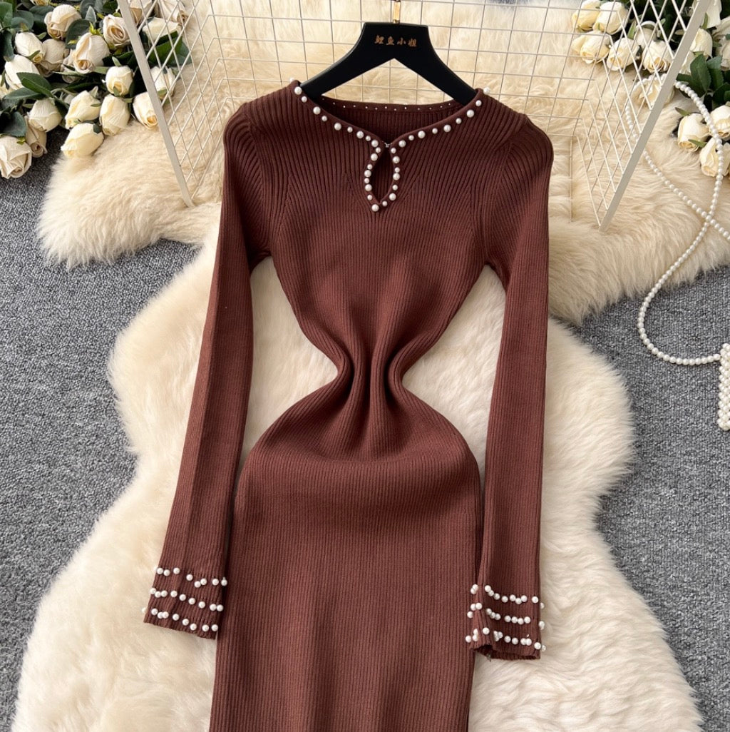 Beaded Long-sleeve Knit Dress