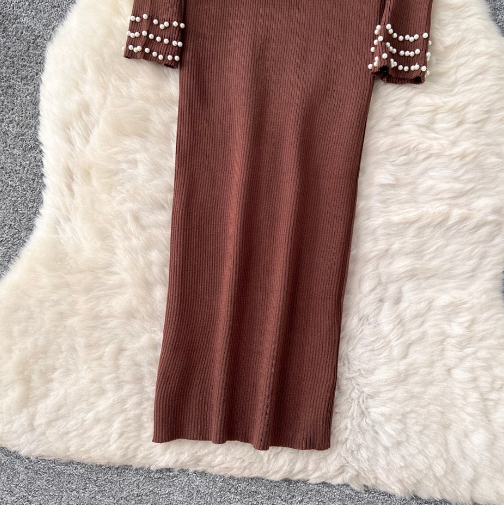 Beaded Long-sleeve Knit Dress