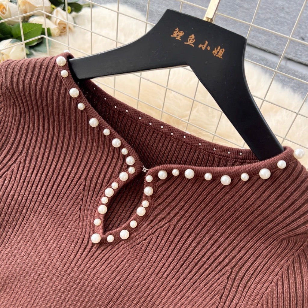Beaded Long-sleeve Knit Dress