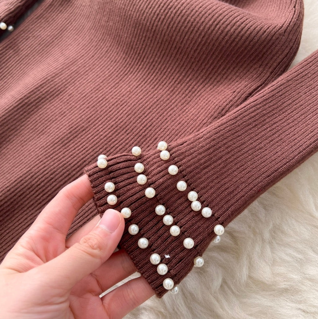 Beaded Long-sleeve Knit Dress