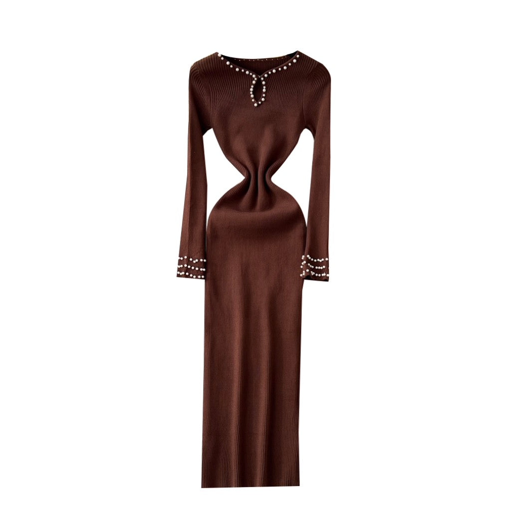 Beaded Long-sleeve Knit Dress