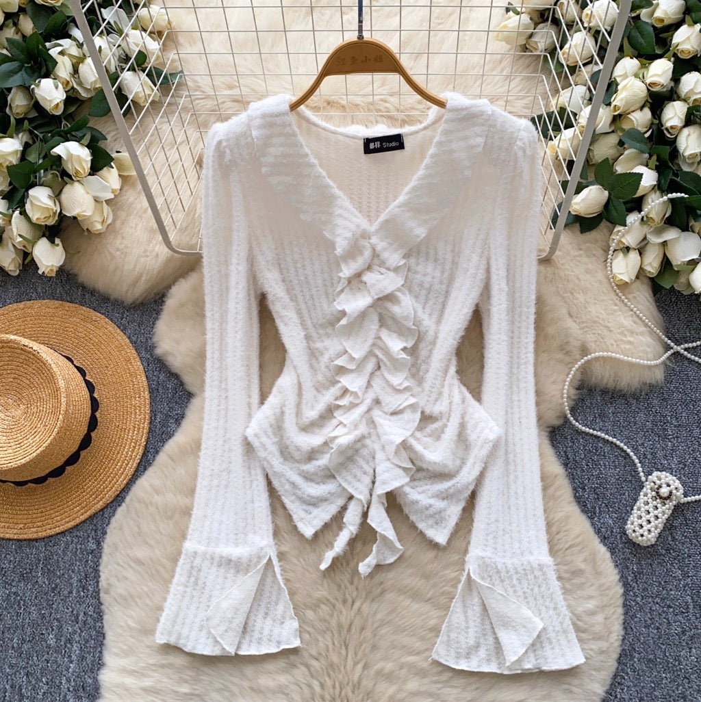 V-neck Ruffled Patchwork Knitwear