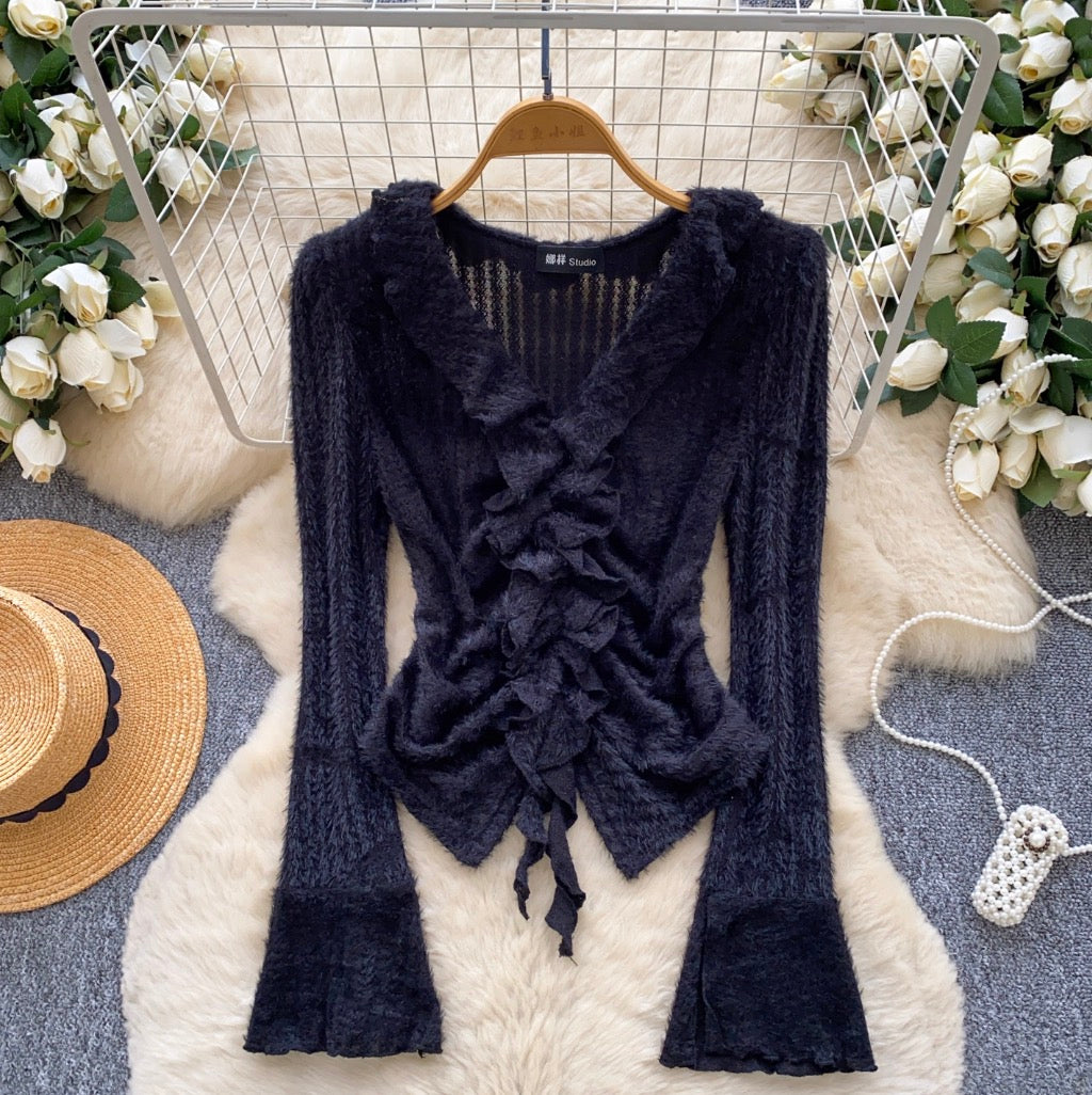 V-neck Ruffled Patchwork Knitwear