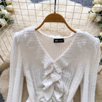 V-neck Ruffled Patchwork Knitwear