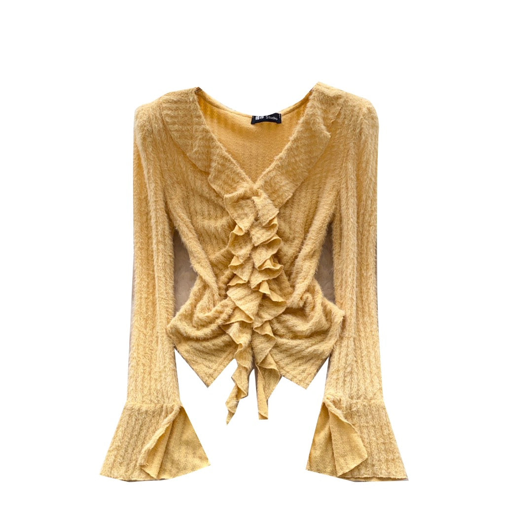 V-neck Ruffled Patchwork Knitwear