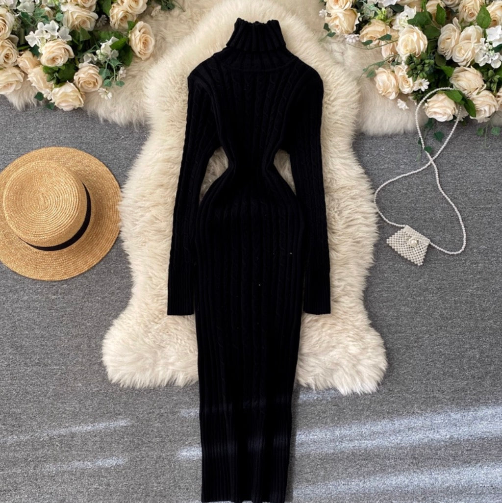 Turtleneck Stretchy Twisted-knit Dress