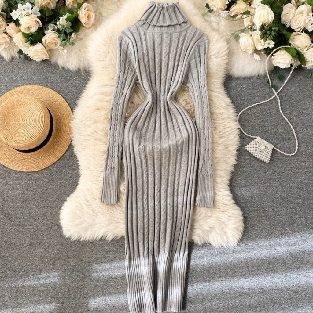 Turtleneck Stretchy Twisted-knit Dress