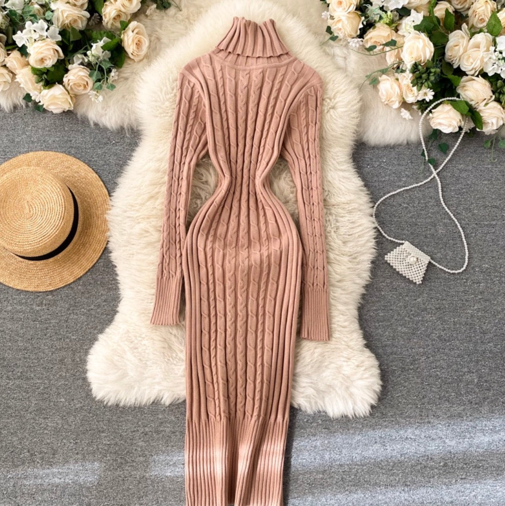 Turtleneck Stretchy Twisted-knit Dress