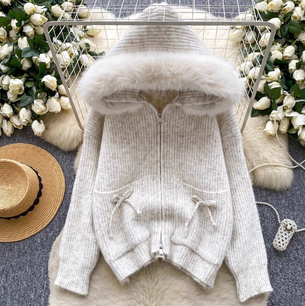 Casual Bow-tie Hooded Thermal Cardigan