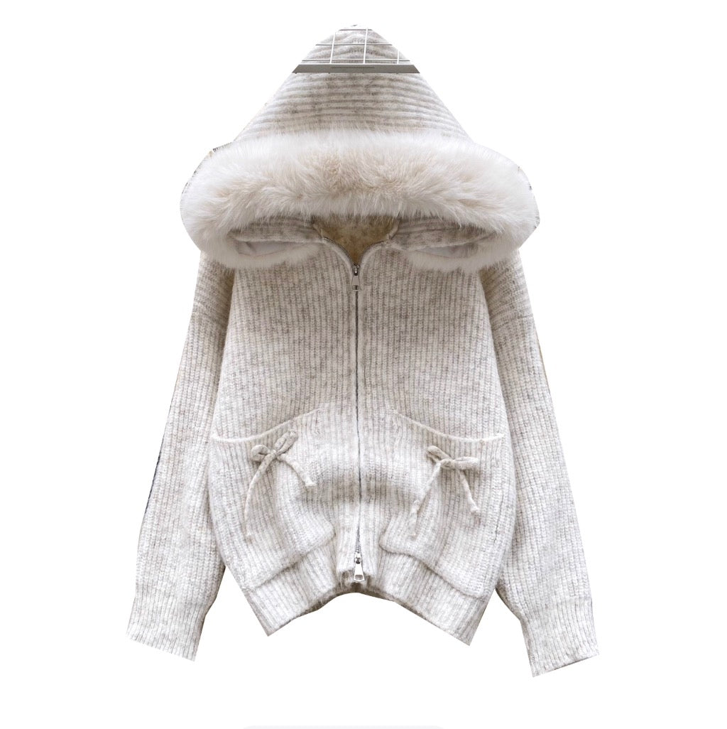 Casual Bow-tie Hooded Thermal Cardigan