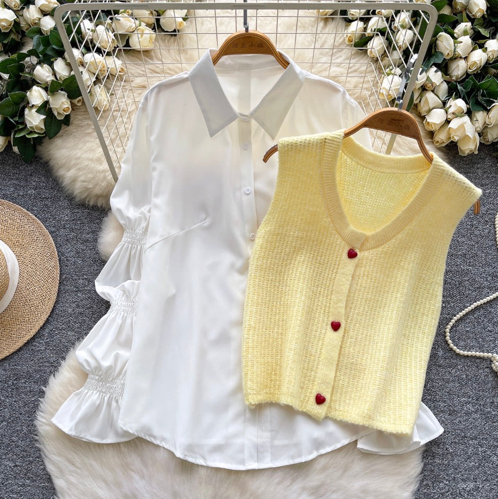 Sleeveless Cardigan & Bottoming Shirt 2Pcs