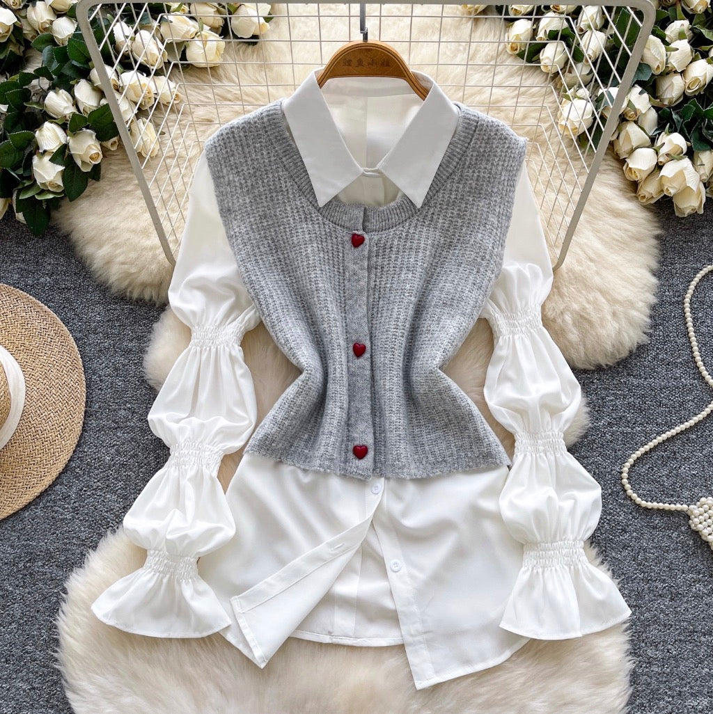 Sleeveless Cardigan & Bottoming Shirt 2Pcs