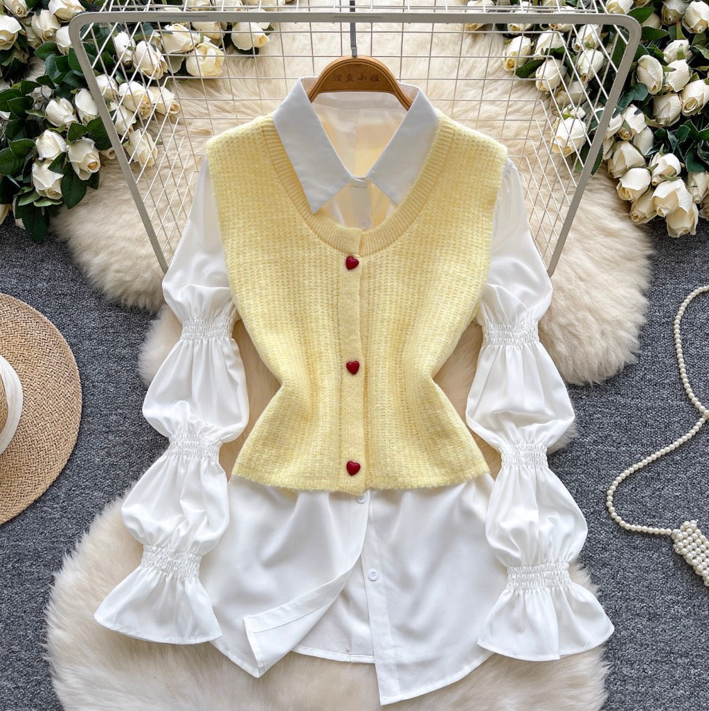 Sleeveless Cardigan & Bottoming Shirt 2Pcs