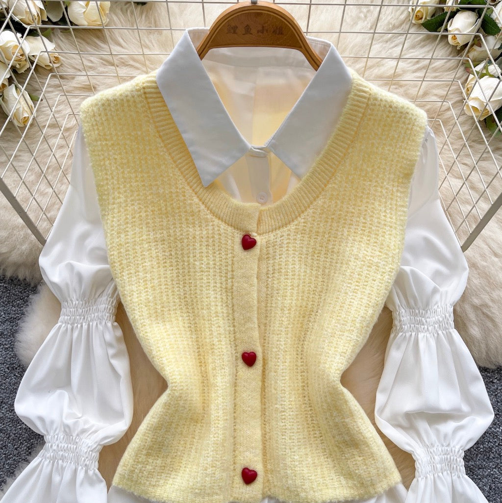 Sleeveless Cardigan & Bottoming Shirt 2Pcs
