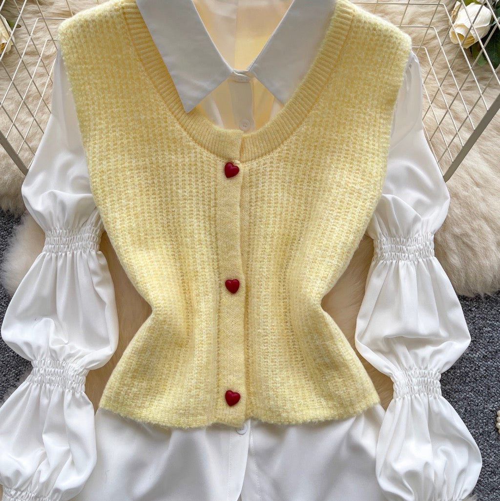 Sleeveless Cardigan & Bottoming Shirt 2Pcs