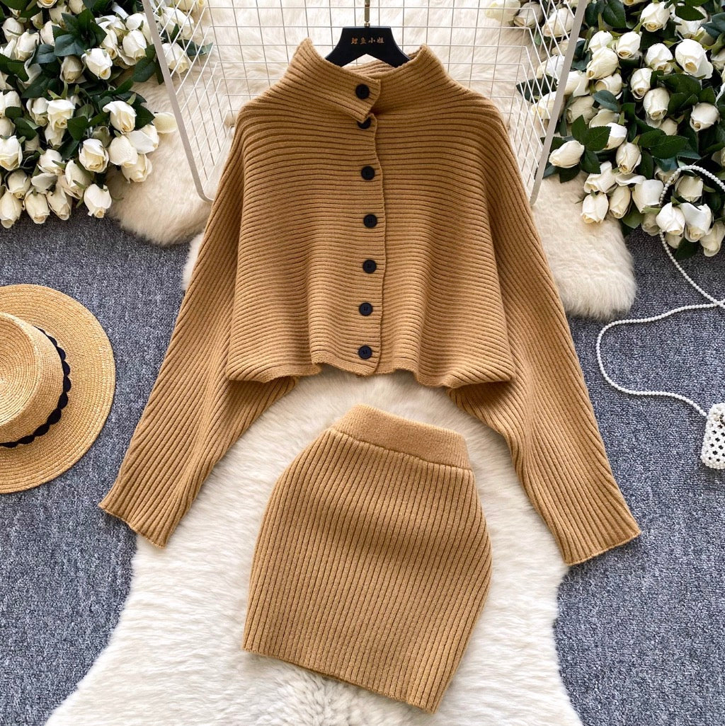 Bat-sleeve Cardigan & Skirt 2Pcs