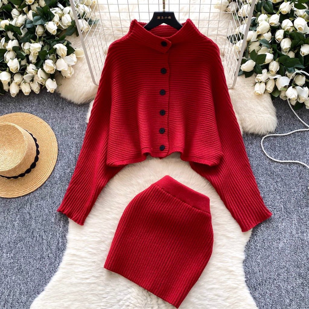Bat-sleeve Cardigan & Skirt 2Pcs