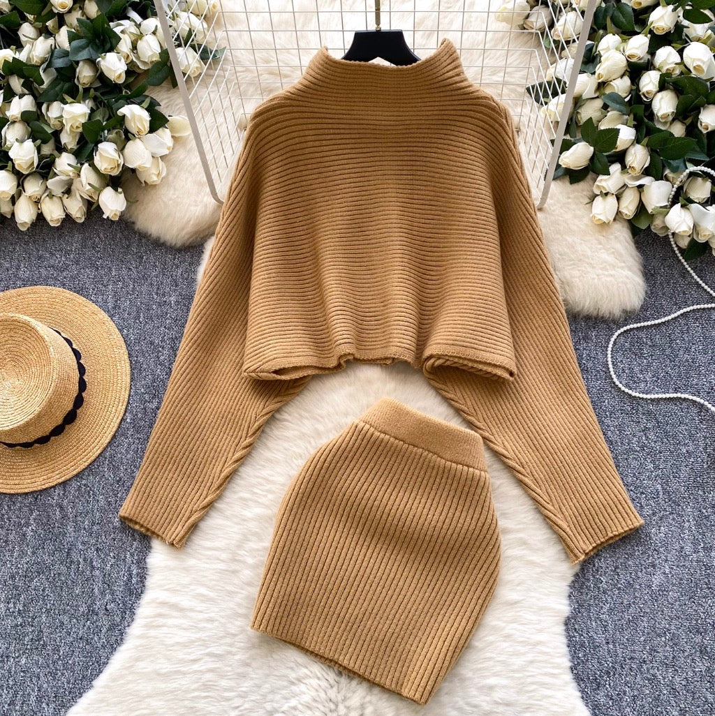 Bat-sleeve Cardigan & Skirt 2Pcs