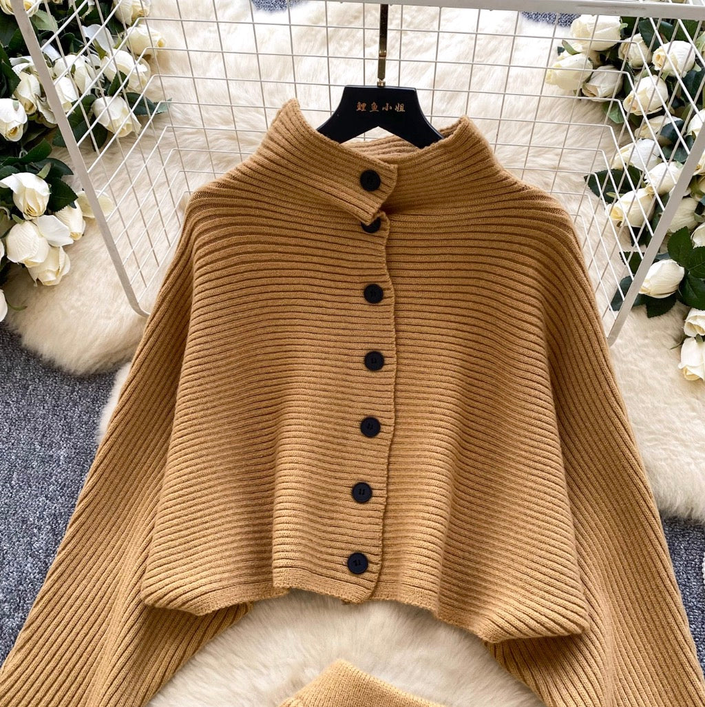 Bat-sleeve Cardigan & Skirt 2Pcs