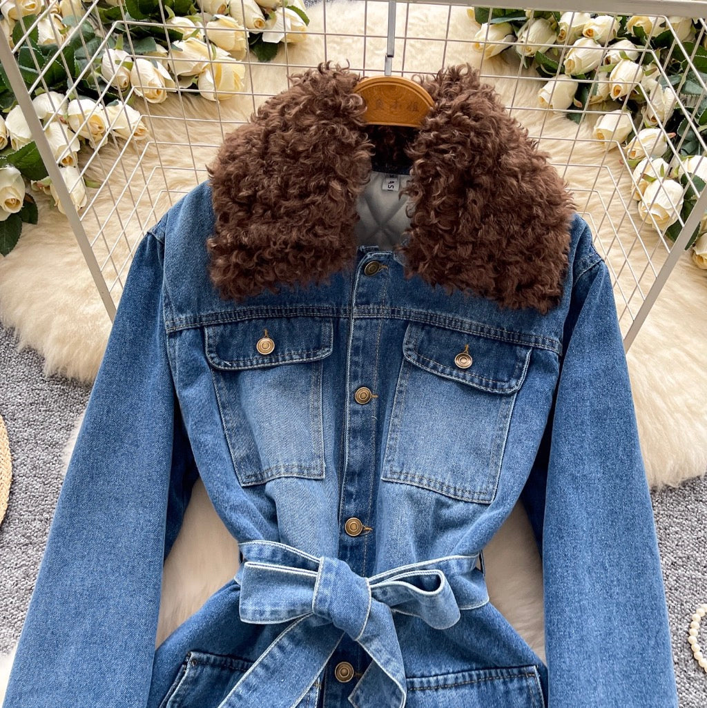 Vintage Furry Collar Denim Jacket
