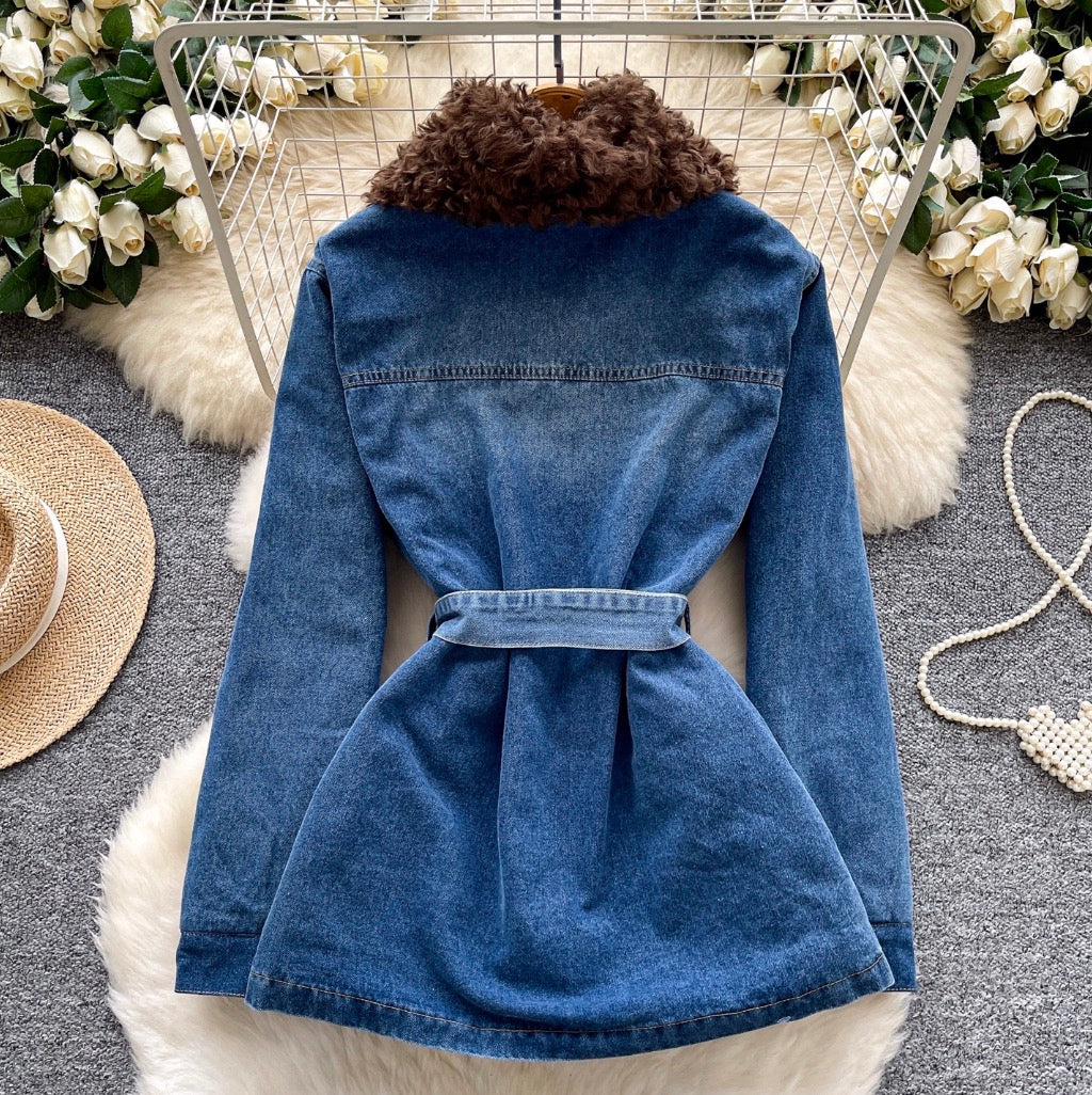 Vintage Furry Collar Denim Jacket