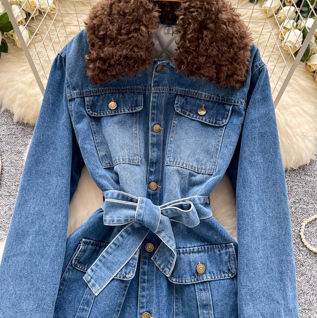 Vintage Furry Collar Denim Jacket