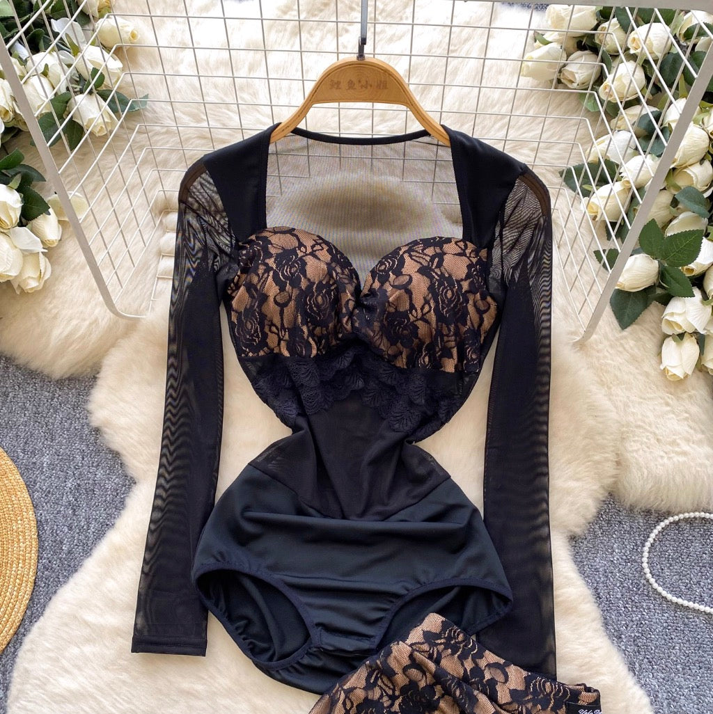 Lace Patchwork Jumpsuit & Skirt 2Pcs