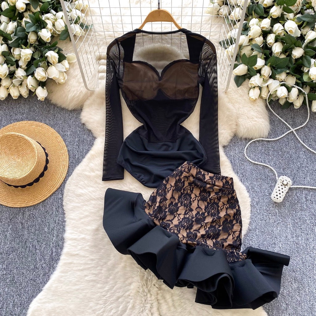 Lace Patchwork Jumpsuit & Skirt 2Pcs