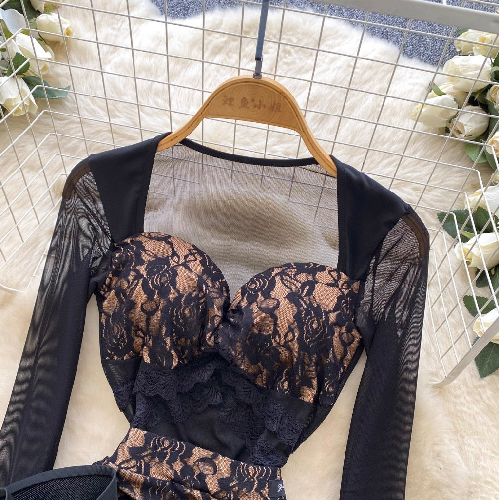Lace Patchwork Jumpsuit & Skirt 2Pcs