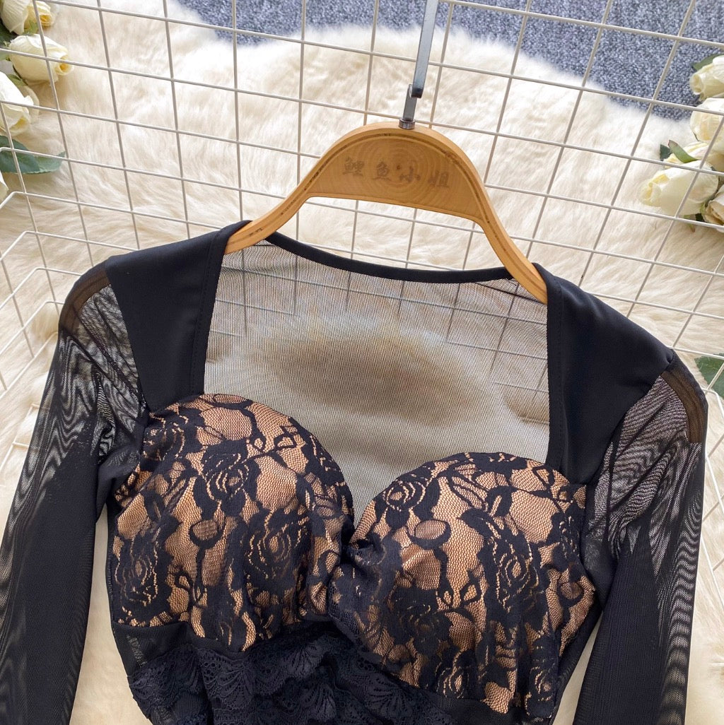 Lace Patchwork Jumpsuit & Skirt 2Pcs