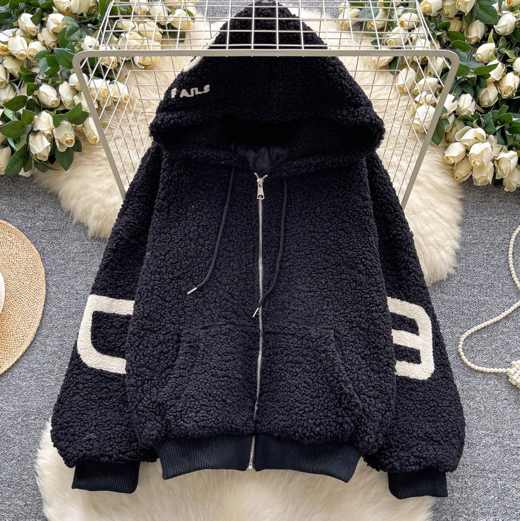 Chic Monogrammed Hooded Labmwool Jacket