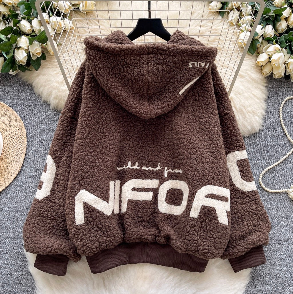 Chic Monogrammed Hooded Labmwool Jacket