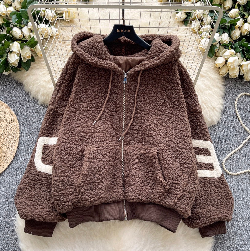 Chic Monogrammed Hooded Labmwool Jacket