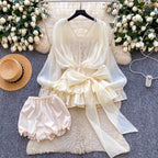 Bow-tie Top & Shorts Lace Patchwork 2Pcs